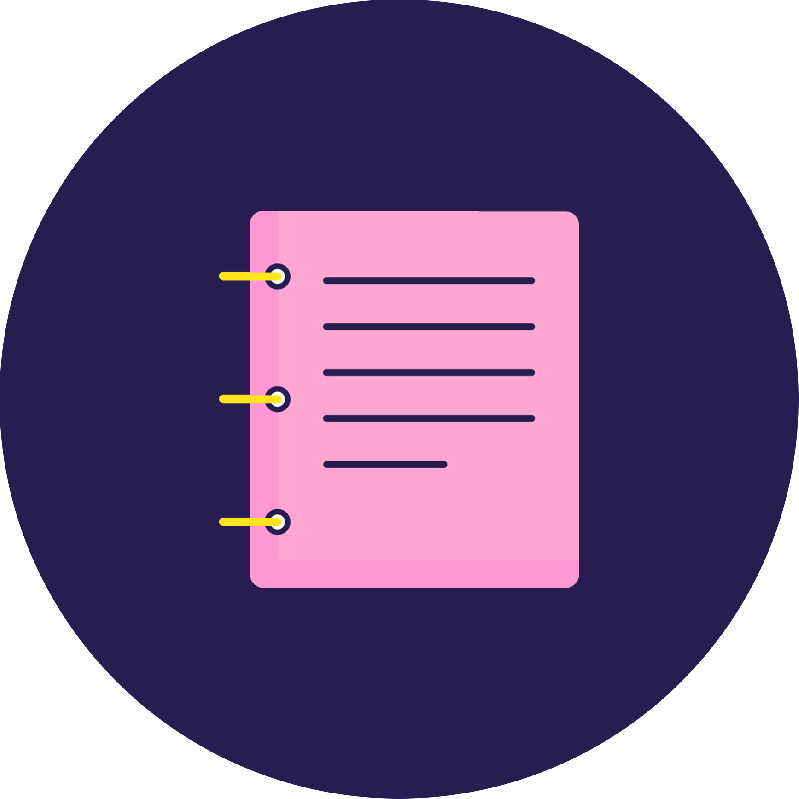 A pink document with blue lines, representing text, sits in the middle of a large blue circle.